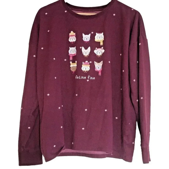 CATS Vintage Y2k Pajama Top MEOW! Animal Sweater Maroon Womens Large - Picture 1 of 6